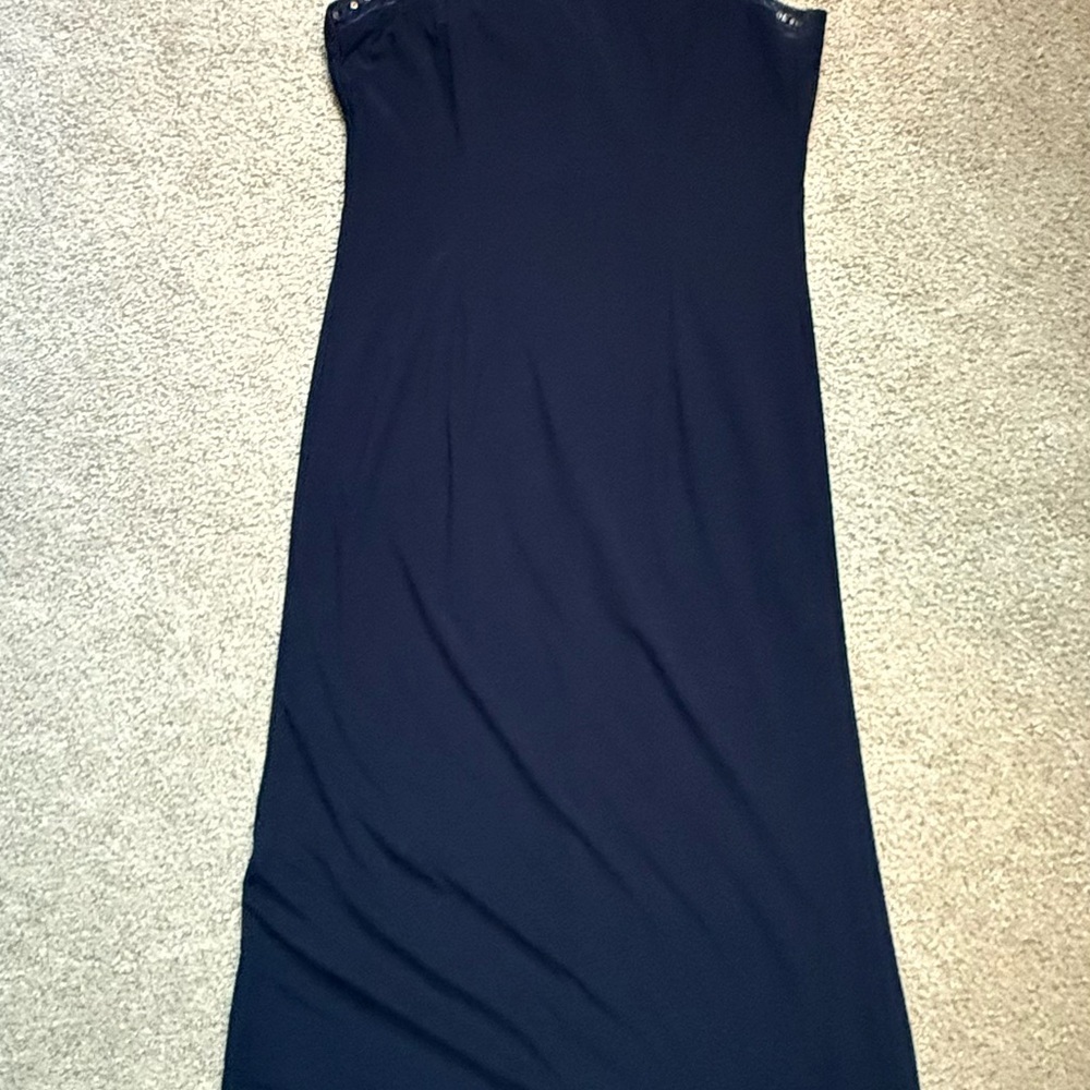 SLNY Navy Strapless Maxi Gown